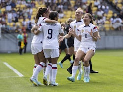 United States women's soccer forward Alex Morgan, left, celebrates with Mallory Swanson (9), Trinity Rodman, second from right, and Sofia Huerta (8) after scoring her goal in the 2nd half during the International Friendly between New Zealand and USA at Sk