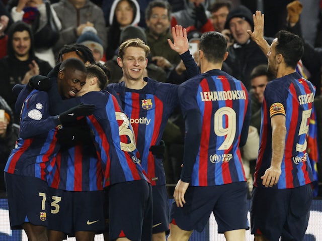 Barcelona's Ousmane Dembele celebrates scoring against Real Sociedad on January 25, 2023