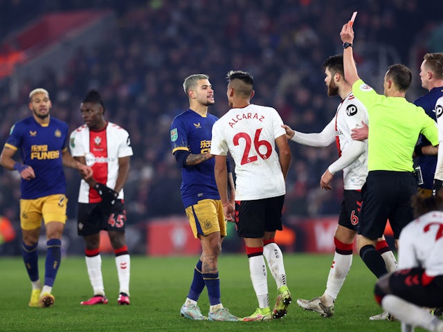 Southampton's Duje Caleta-Car is shown a red card by referee Stuart Attwell on January 24, 2023