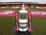 A general view of the FA Cup trophy is seen inside the stadium before the match on January 28, 2023