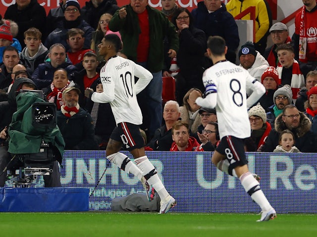 Manchester United's Marcus Rashford celebrates scoring against Nottingham Forest on January 25, 2023