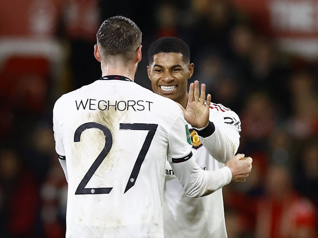 Manchester United's Wout Weghorst celebrates scoring against Nottinghaм Forest on January 25, 2023