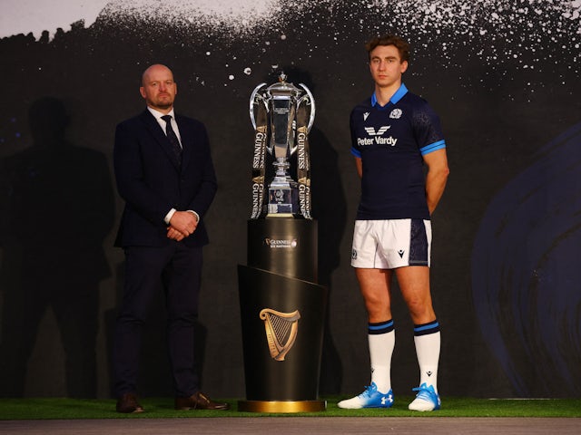 Scotland's Jamie Ritchie and head coach Gregor Townsend pose with the Six Nations trophy during the launch on January 23, 2023