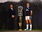Scotland's Jamie Ritchie and head coach Gregor Townsend pose with the Six Nations trophy during the launch on January 23, 2023