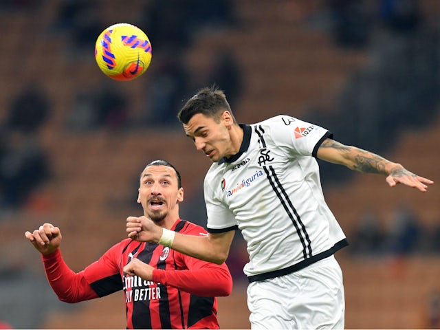 Spezia's Jakub Kiwior in action with AC Milan's Zlatan Ibrahimovic in January 2022