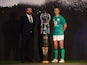 Ireland's Johnny Sexton and head coach Andy Farrell pose with the Six Nations trophy during the launch on January 23, 2023
