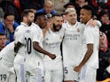 Real Madrid's Karim Benzema celebrates scoring their first goal with Vinicius Junior, Federico Valverde, Eder Militao and Nacho on January 22, 2023