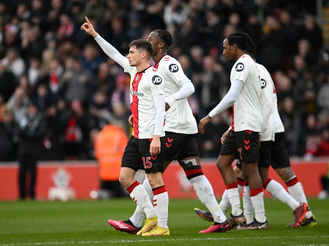 Romain Perraud celebrates scoring for Southampton against Blackpool in the FA Cup on January 28, 2023