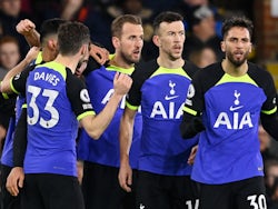 Tottenham Hotspur's Harry Kane celebrates scoring with teammates on January 23, 2023