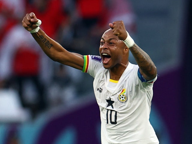 Andre Ayew of Ghana celebrates after Mohammed Salisu scores his first goal November 28, 2022