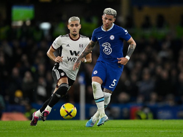 Fulham's Andreas Pereira in action with Chelsea's Enzo Fernandez on February 3, 2023