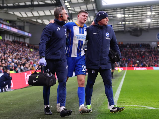 Brighton & Hove Albion's Evan Ferguson walks off to be substituted after sustaining an injury on January 29, 2023