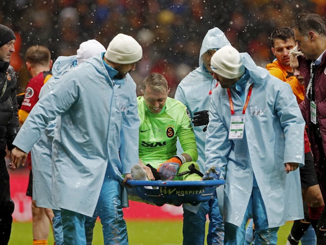 Galatasaray's Fernando Muslera is carried off on a stretcher after sustaining an injury on February 5, 2023