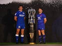France's Antoine Dupont and Italy's Michele Lamaro pose with the Six Nations trophy during the launch on January 23, 2023