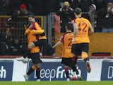 Galatasaray's Mauro Icardi celebrates scoring their second goal with Dries Mertens on February 5, 2023