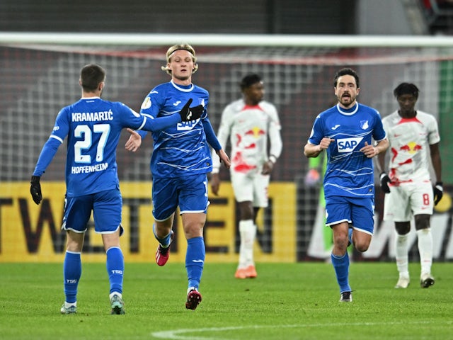 Hoffenheim's Kasper Dolberg celebrates scoring their first goal with Andrej Kramaric on February 1, 2023