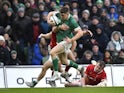 Ireland's Garry Ringrose runs through before scoring their fourth try against Wales in the Six Nations on February 5, 2022