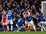 James Tarkowski celebrates scoring for Everton against Arsenal on February 4, 2023