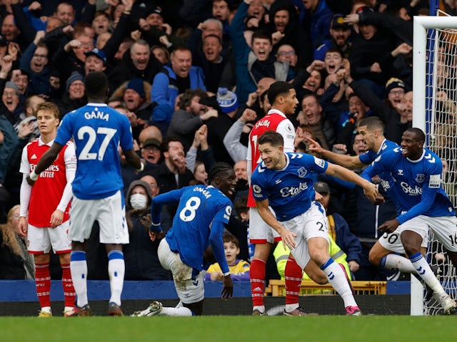 James Tarkowski celebrates scoring for Everton against Arsenal on February 4, 2023