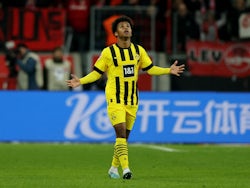 Borussia Dortmund's Karim Adeyemi celebrates scoring their first goal on January 29, 2023