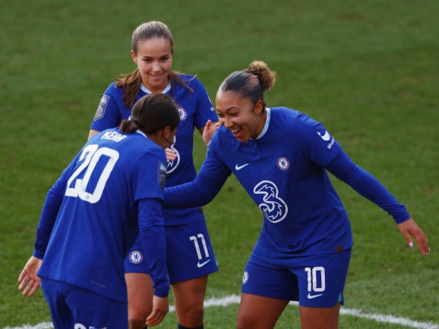 Chelsea Women's Lauren James celebrates scoring with teammates on February 5, 2023