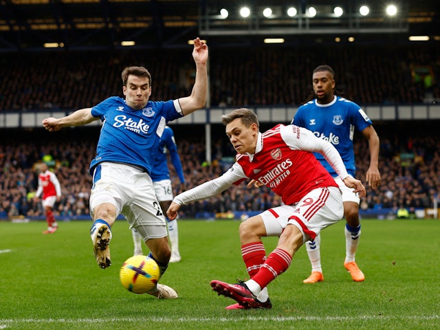 Arsenal's Leandro Trossard in action with Everton's Seamus Coleman on February 4, 2023