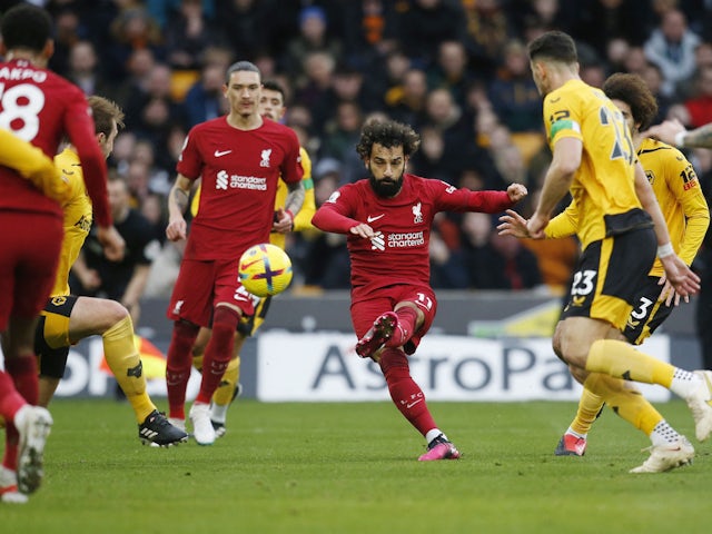 Liverpool's Mohamed Salah shoots at goal on February 4, 2023