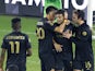 Los Angeles FC forward Carlos Vela (10) celebrates with forward Danny Musovski (16) and midfielder Eduard Atuesta (20) and midfielder Jose Cifuentes (11) after a goal against Cruz Azul in the first half during the 2020SCCL quarterfinals at Exploria Stadiu