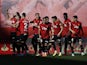 Mallorca's Vedat Muriqi celebrates scoring their first goal with teammates on February 5, 2023