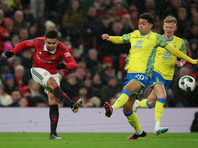 Manchester United's Casemiro in action with Nottingham Forest's Brennan Johnson on February 1, 2023