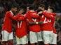 Manchester United players celebrate Fred's goal against Nottingham Forest on February 1, 2023