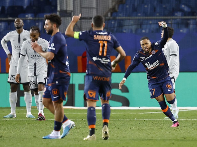 Montpellier's Arnaud Nordin celebrates scoring their first goal on February 1, 2023