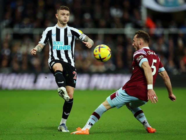 Newcastle United's Kieran Trippier in action with West Ham United's Vladimir Coufal on February 4, 2023
