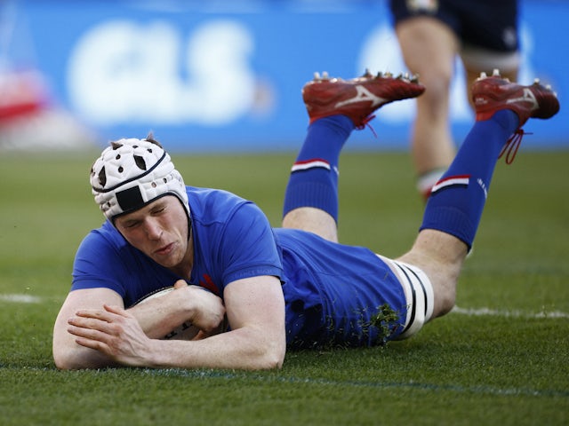 France's Thibaud Flament scores their first try on February 5, 2023
