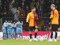 Trabzonspor's Maxi Gomez celebrates scoring their first goal with teammates on February 5, 2023