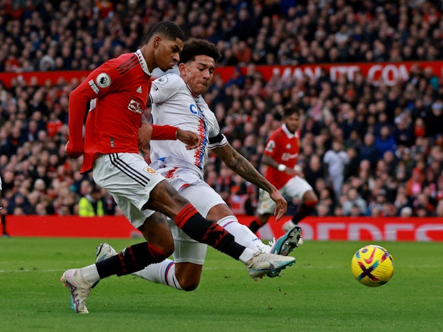Manchester United's Marcus Rashford in action with Crystal Palace's Chris Richards on February 4, 2023