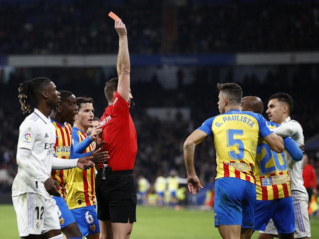 Valencia's Gabriel Paulista is shown a red card by referee Javier Alberola Rojas on February 2, 2023