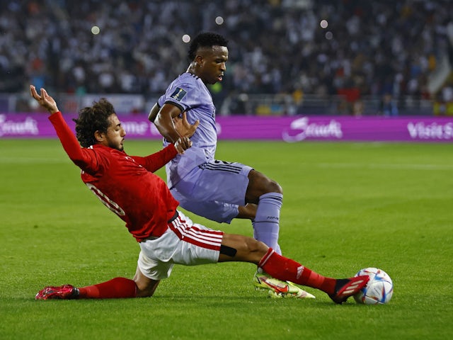 Al Ahly's Mohamed Hany in action with Real Madrid's Vinicius Junior on February 8, 2023