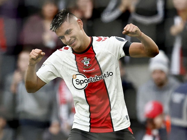 Southampton's Carlos Alcaraz celebrates scoring against Wolverhampton Wanderers on February 11, 2023