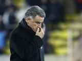 Paris Saint-Germain (PSG) coach Christophe Galtier looks dejected after the match on February 11, 2023