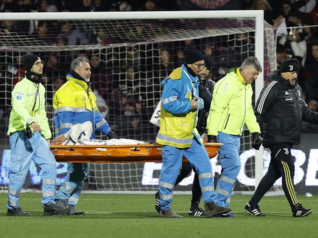 Juventus' Fabio Miretti is carried off on a stretcher after sustaining an injury on February 7, 2023