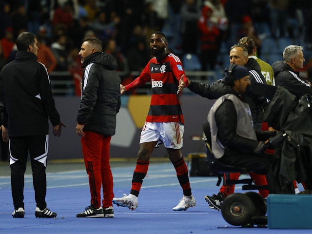 Flamengo's Gerson reacts after being shown a red card on February 7, 2023