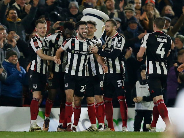 Grimsby Town's Danny Amos celebrates scoring against Luton Town on February 7, 2023
