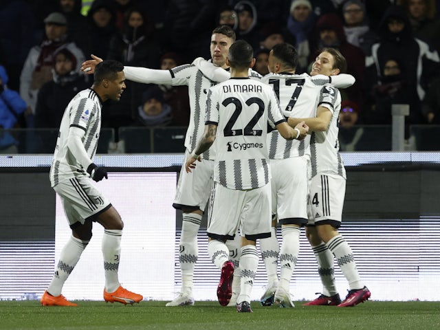 Juventus' Dusan Vlahovic celebrates scoring their third goal with teammates on February 7, 2023