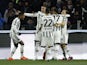 Juventus' Dusan Vlahovic celebrates scoring their third goal with teammates on February 7, 2023