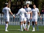 Los Angeles Galaxy midfielder Marco Delgado (8) celebrates with teammates after scoring a goal during the first half of the Coachella Valley Invitational MLS Pre-Season game against the St. Louis CITY SC at Empire Polo Club on February 8, 2023