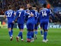 Leicester City's Nampalys Mendy celebrates scoring their first goal with teammates on February 11, 2023