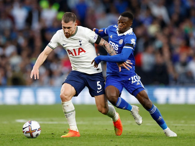 Tottenham Hotspur's Pierre-Emile Hojbjerg in action with Leicester City's Patson Daka on September 17, 2022