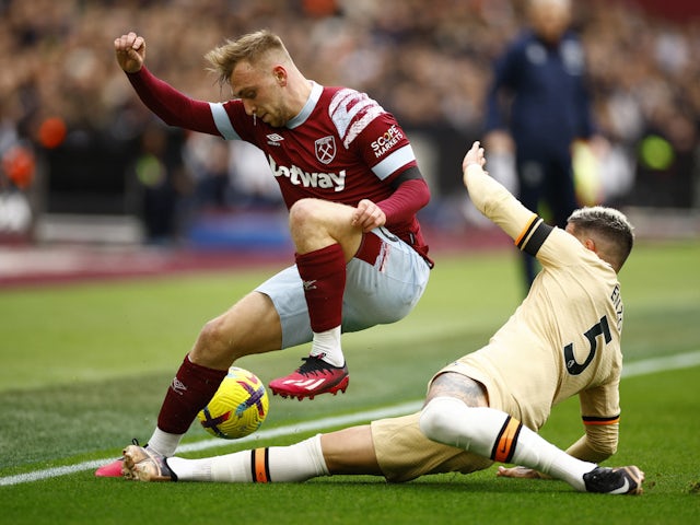 West Ham United's Jarrod Bowen in action with Chelsea's Enzo Fernandez on February 11, 2023