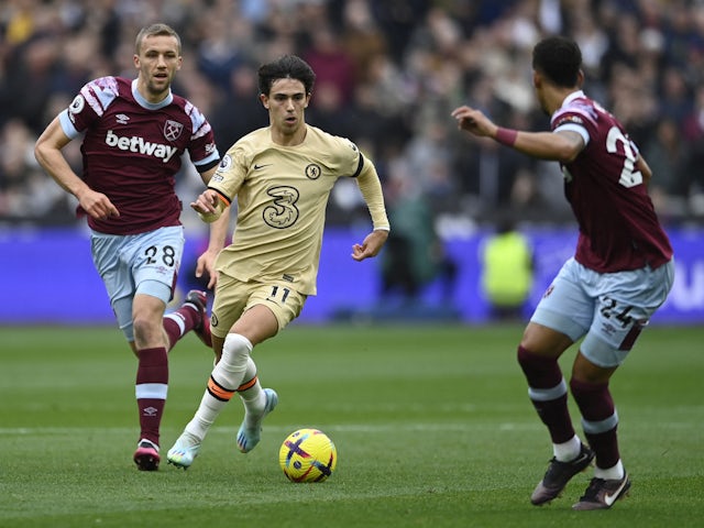 Chelsea's Joao Felix in action with West Ham United's Tomas Soucek on February 11, 2023